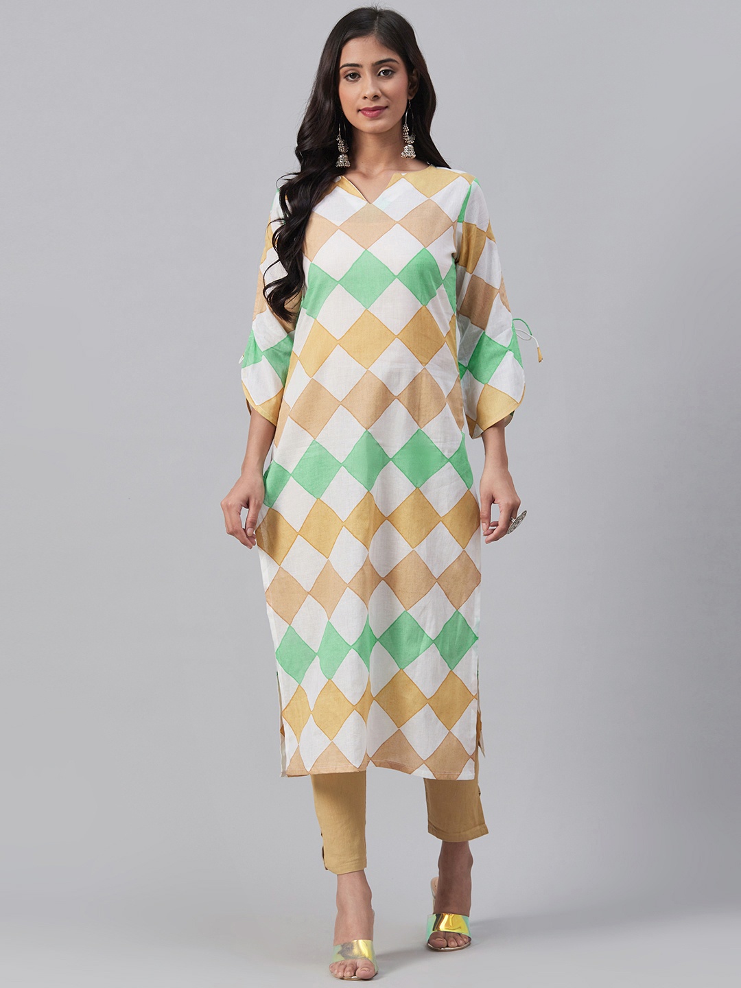 

AHIKA Women White & Beige Printed Straight Kurta