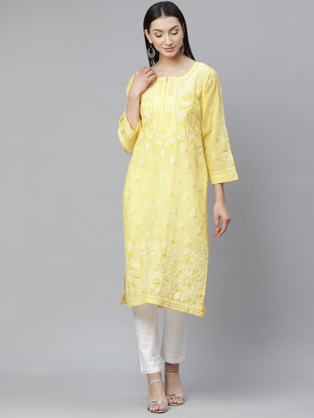 

ADA Women Yellow & White Chikankari Hand Embroidered Sustainable Handloom Kurta with Trousers