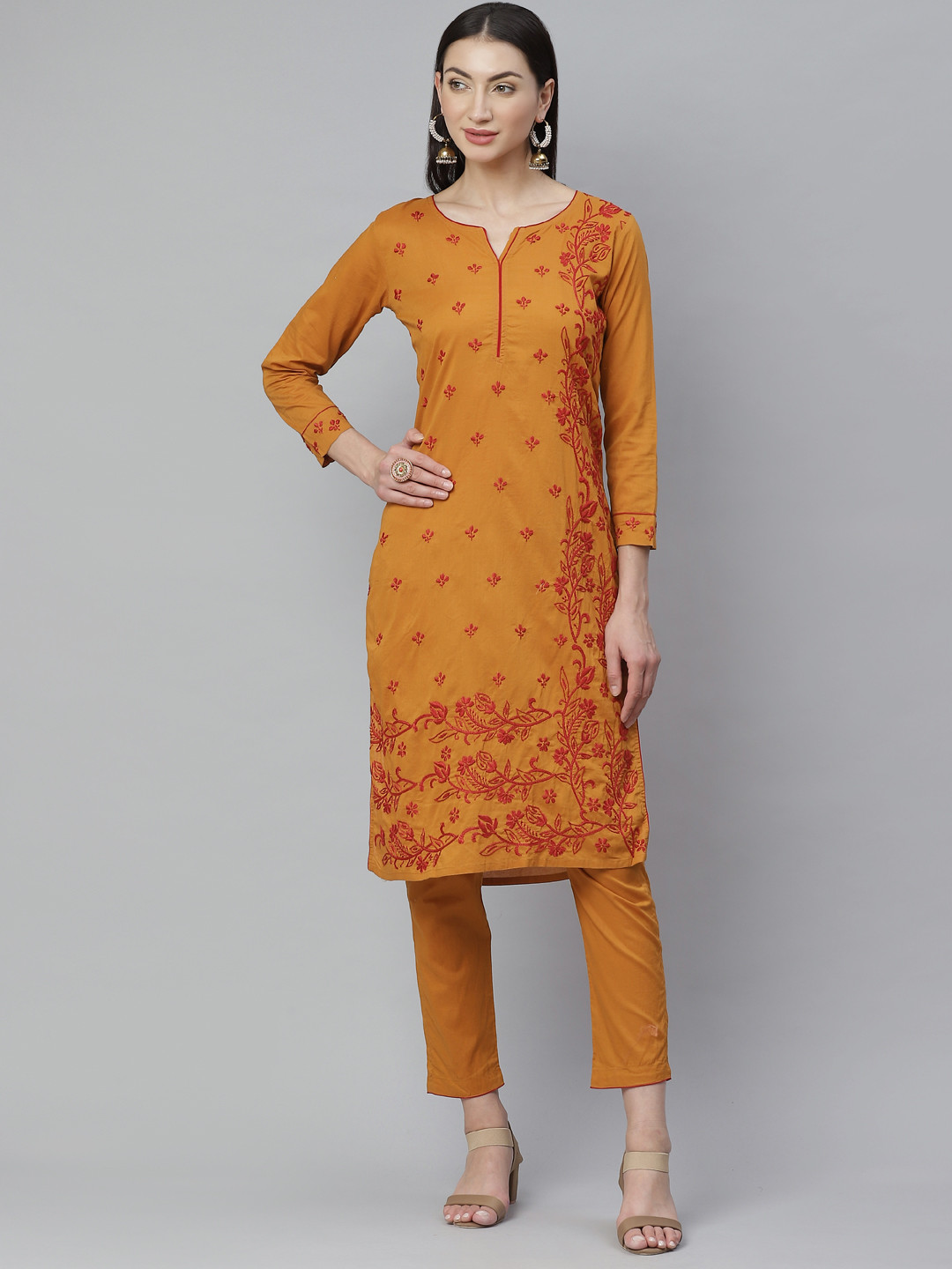 

ADA Women Mustard Yellow & Red Chikankari Hand Embroidered Sustainable Handloom Kurta with Trousers