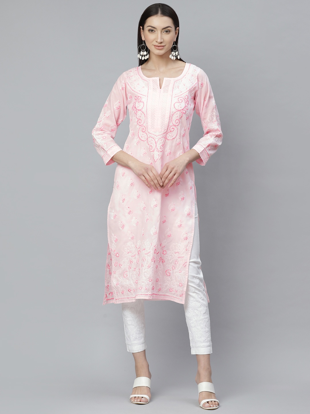 

ADA Women Pink & White Chikankari Hand Embroidered Sustainable Handloom Kurta with Trousers