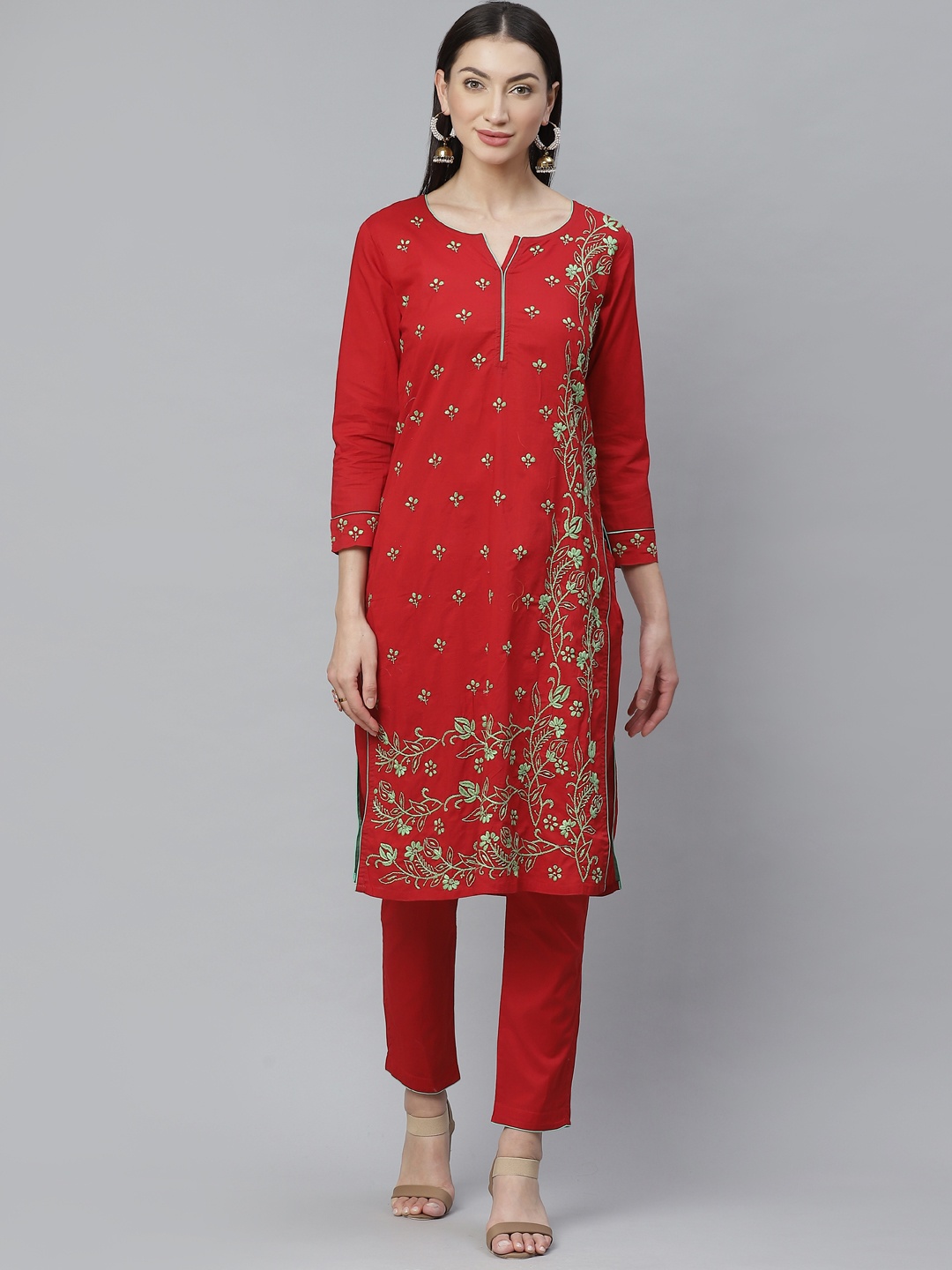 

ADA Women Red & Green Chikankari Hand Embroidered Sustainable Handloom Kurta with Trousers