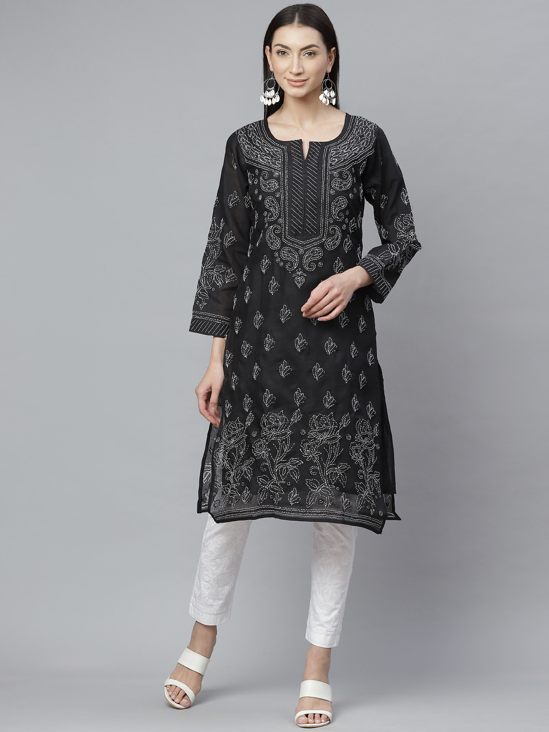 

ADA Women Black & White Chikankari Hand Embroidered Sustainable Handloom Kurta with Trousers