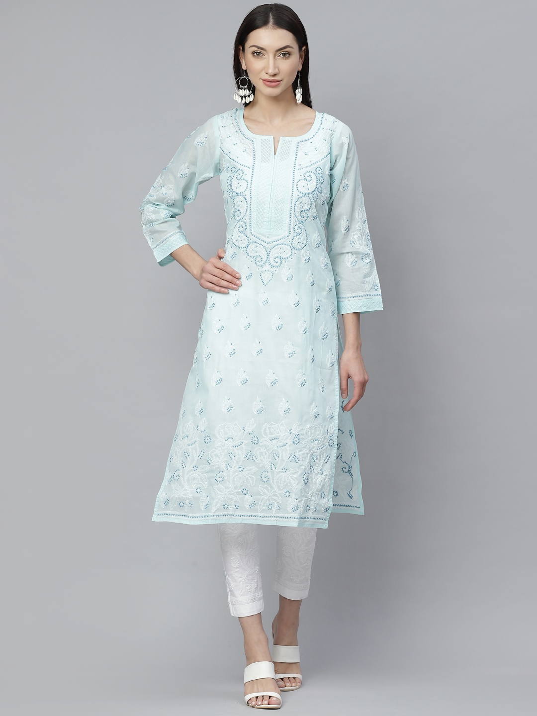 

ADA Women Blue & White Chikankari Hand Embroidered Sustainable Handloom Kurta with Trousers