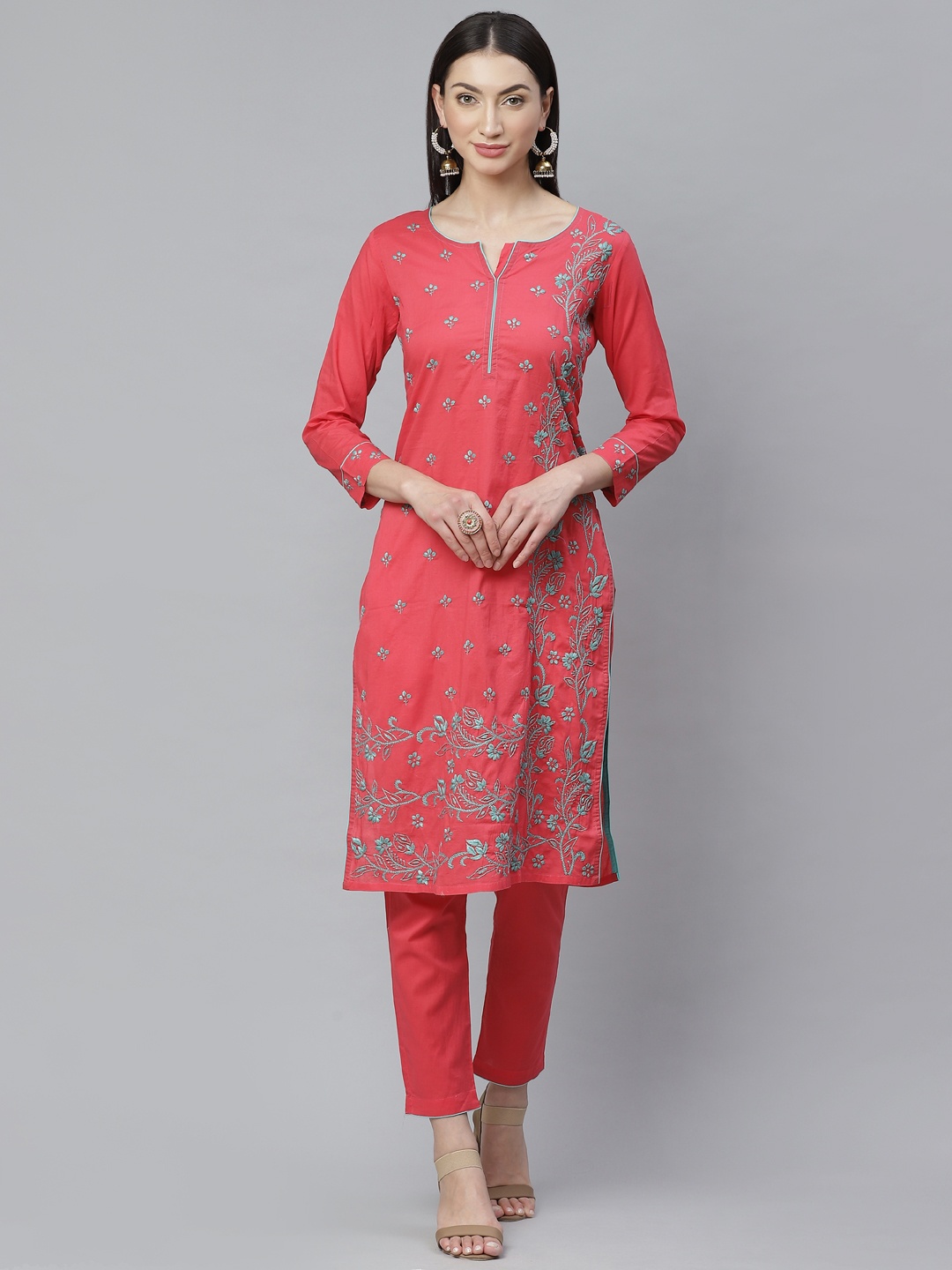 

ADA Women Pink & Blue Chikankari Hand Embroidered Sustainable Handloom Kurta with Trousers