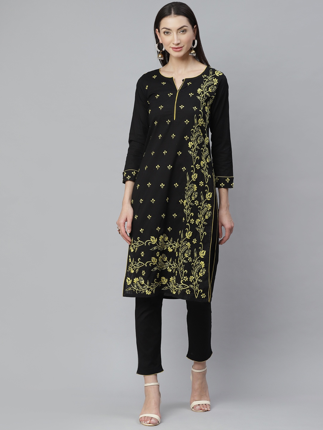 

ADA Women Black & Yellow Chikankari Hand Embroidered Sustainable Handloom Kurta with Trousers