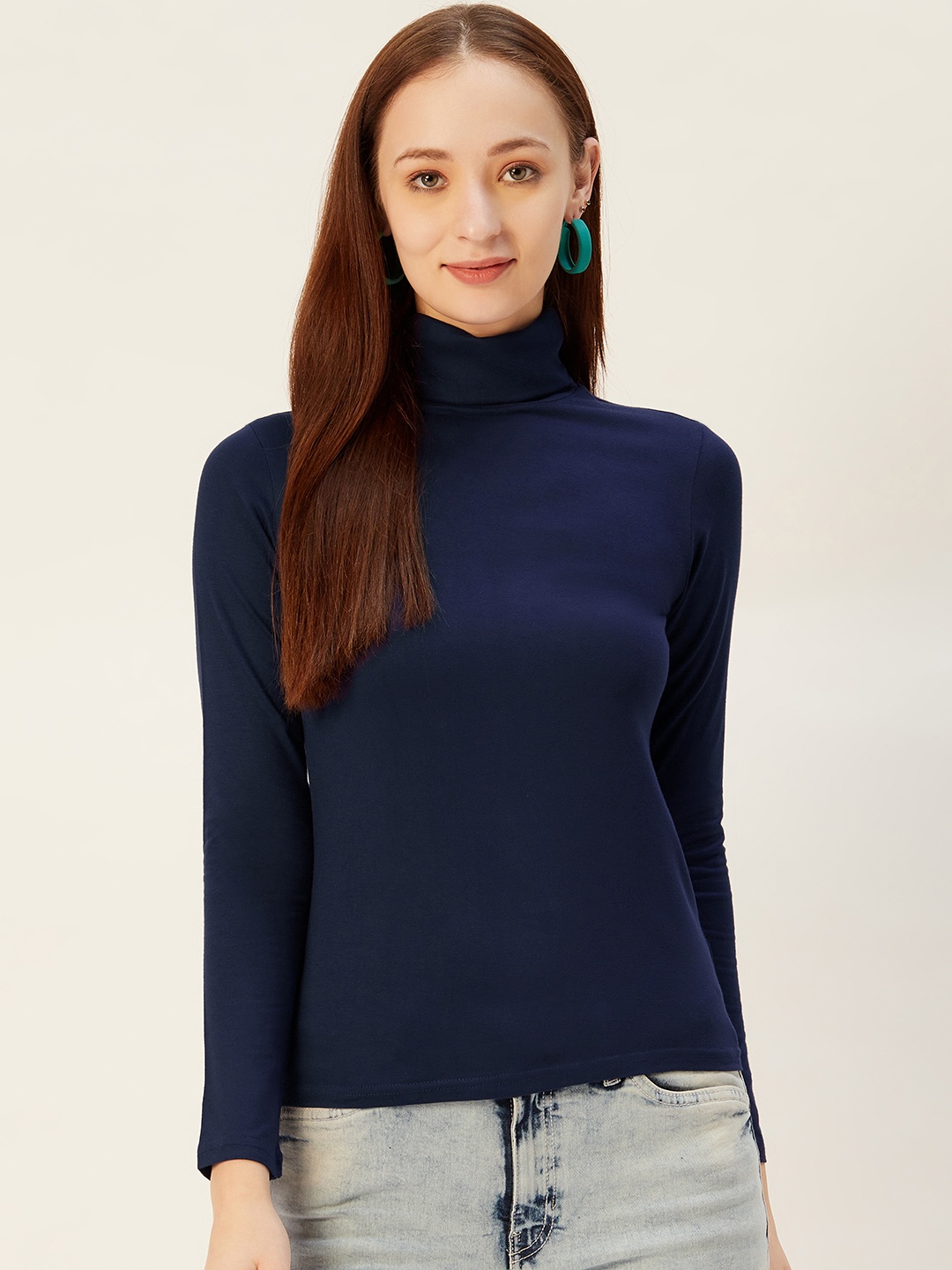 

Sera Women Navy Blue Solid Turtle Neck T-shirt