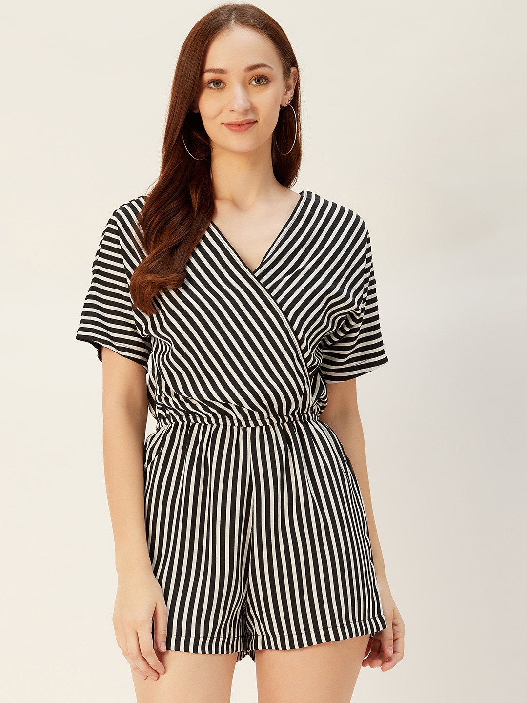 

Sera Women Black & White Striped Overlap Neck Playsuit