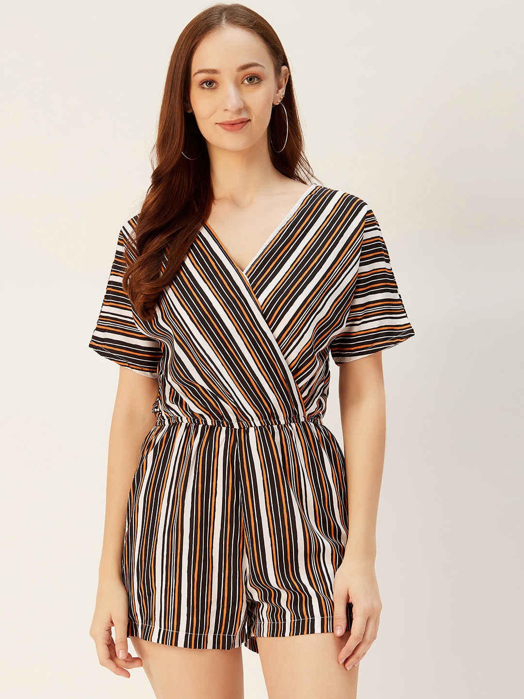 

Sera Women White & Black Striped Overlap Neck Playsuit