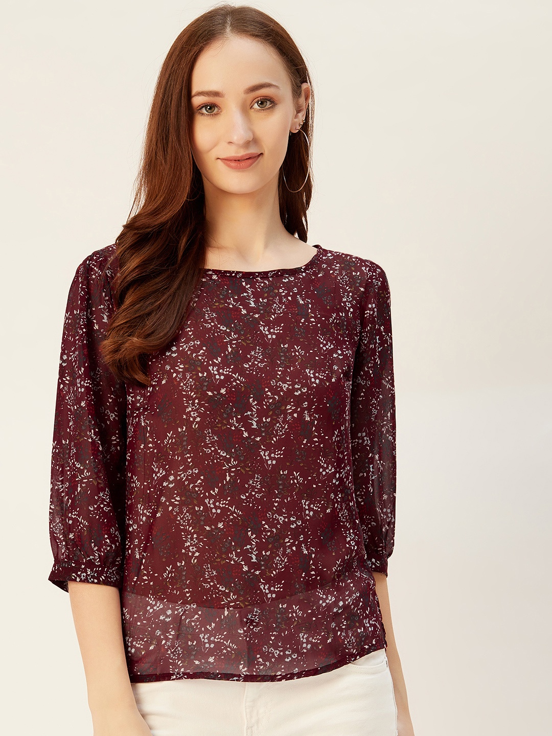 

Sera Women Burgundy & Blue Floral Print Semi-Sheer Top