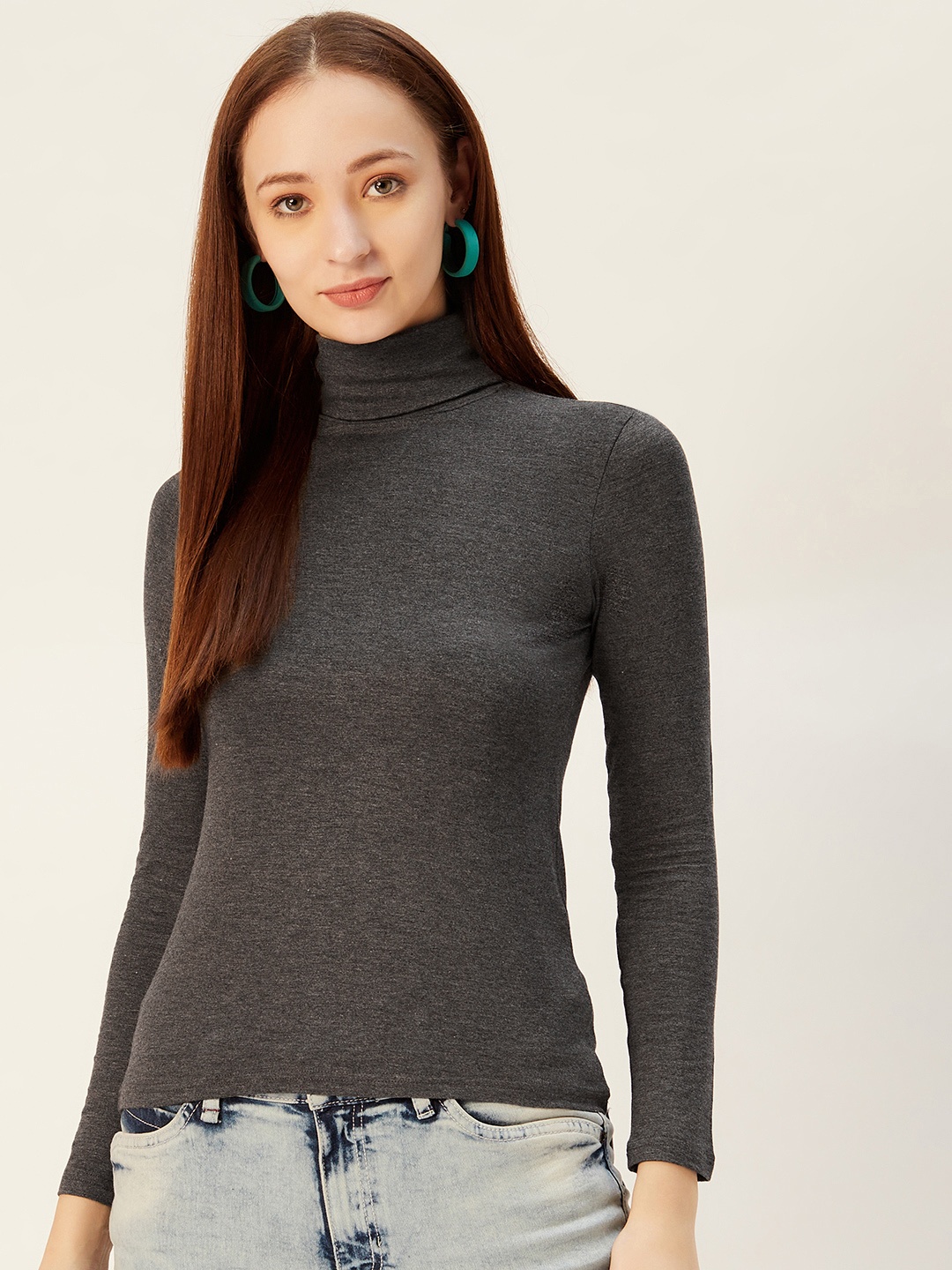 

Sera Women Charcoal Grey Solid Turtle Neck T-shirt