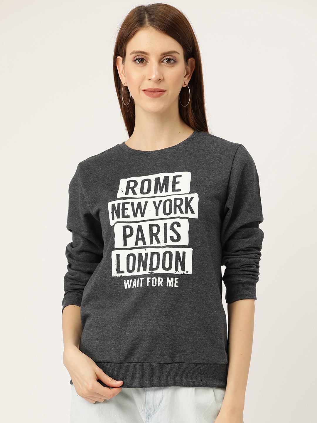 

Sera Women Charcoal Grey & White Printed Sweatshirt