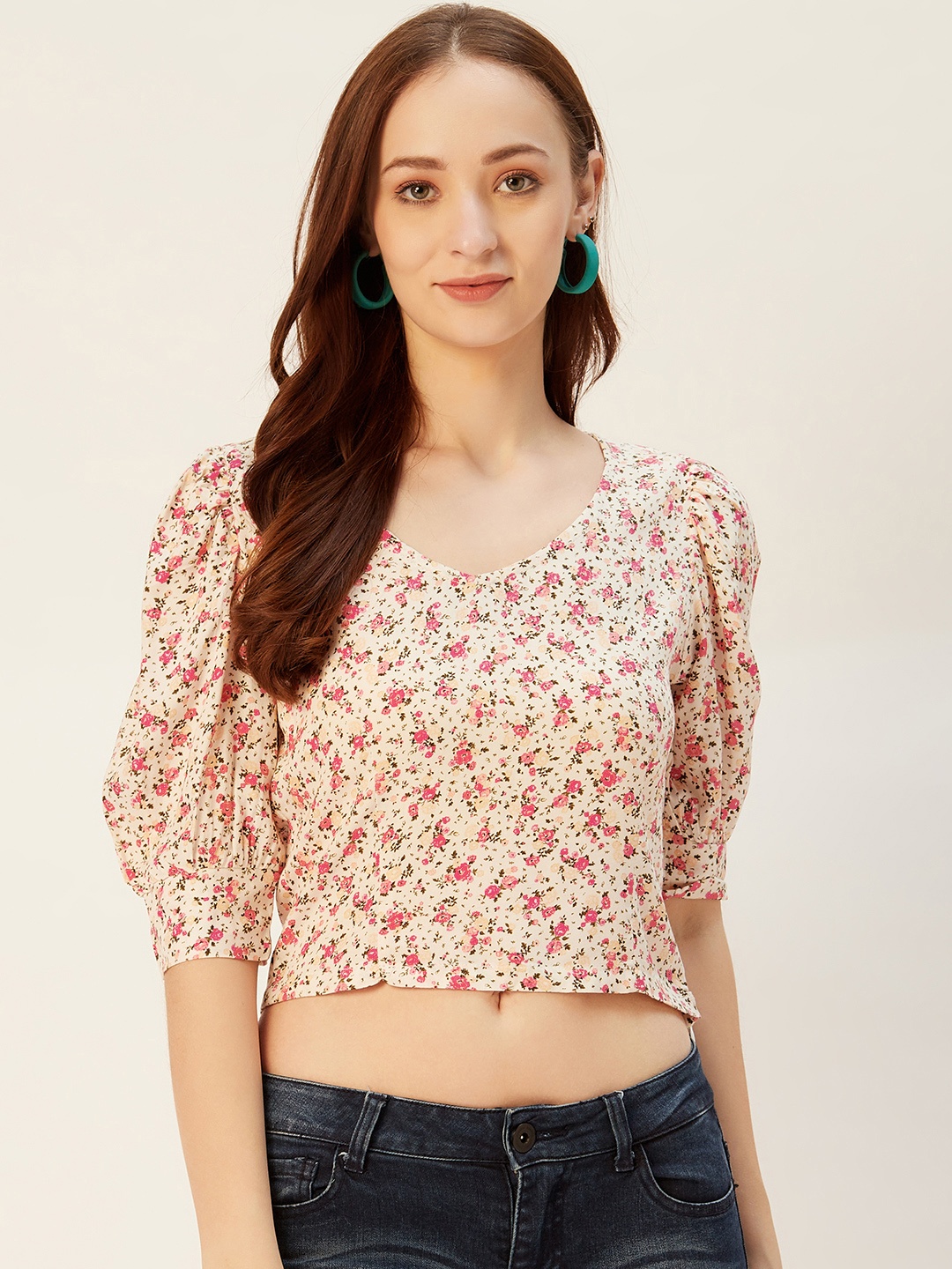 

Sera Women Off-White & Pink Floral Print Crop Top