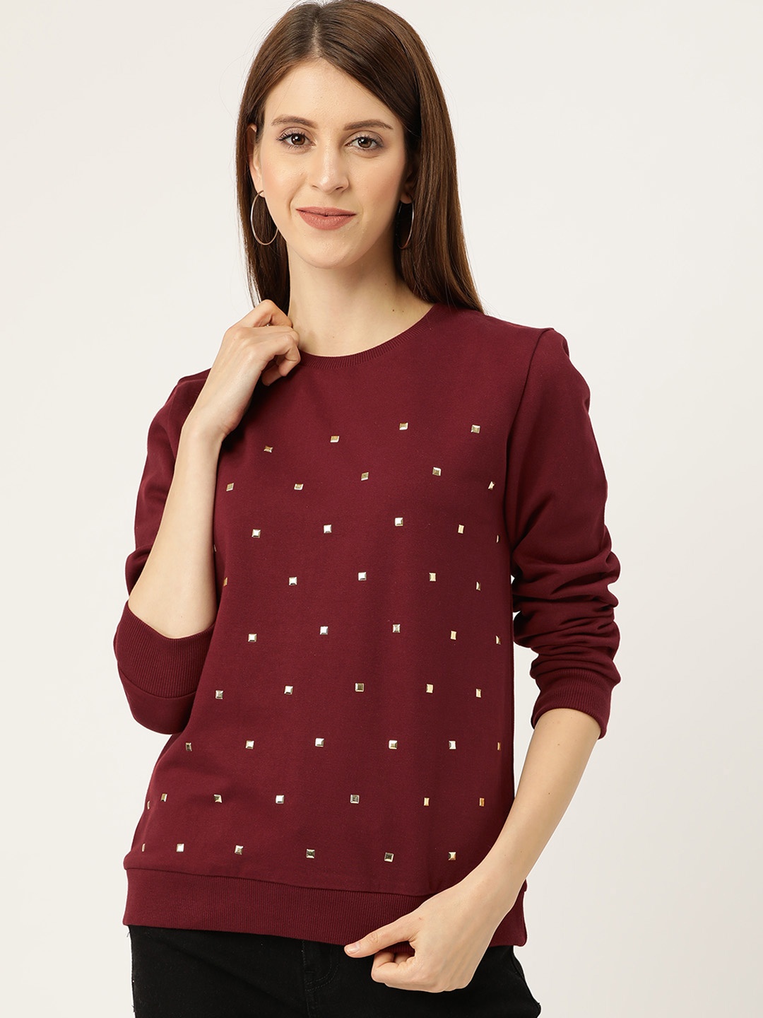 

Sera Women Burgundy & Golden Embellished Sweatshirt