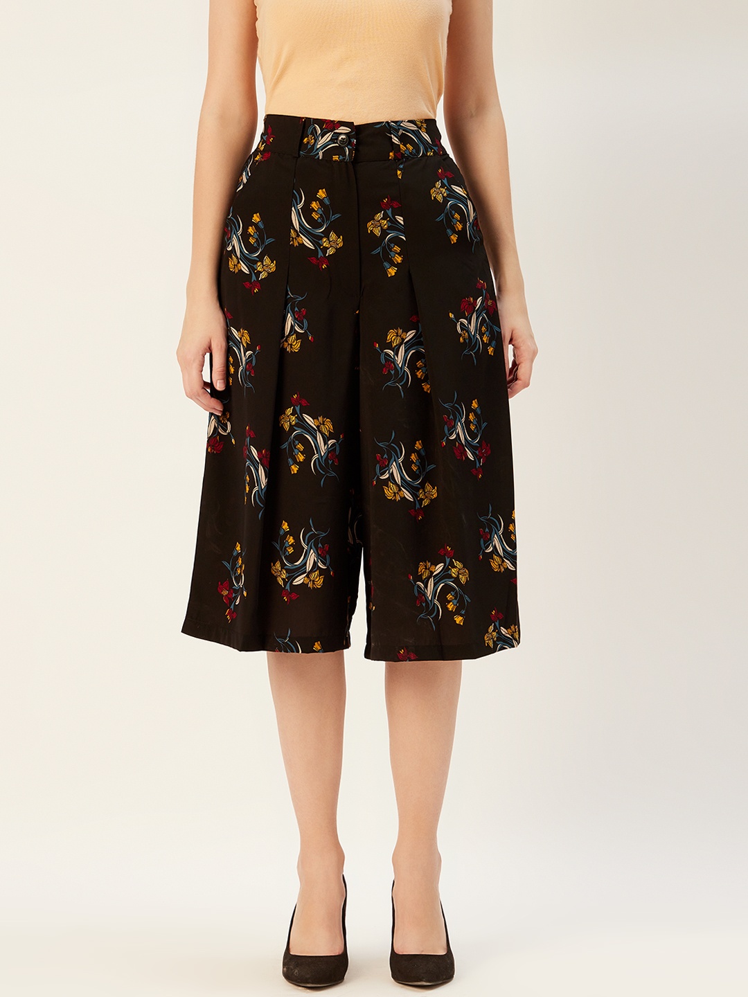 

Sera Women Black & Mustard Yellow Straight Fit Floral Print Cropped Culottes