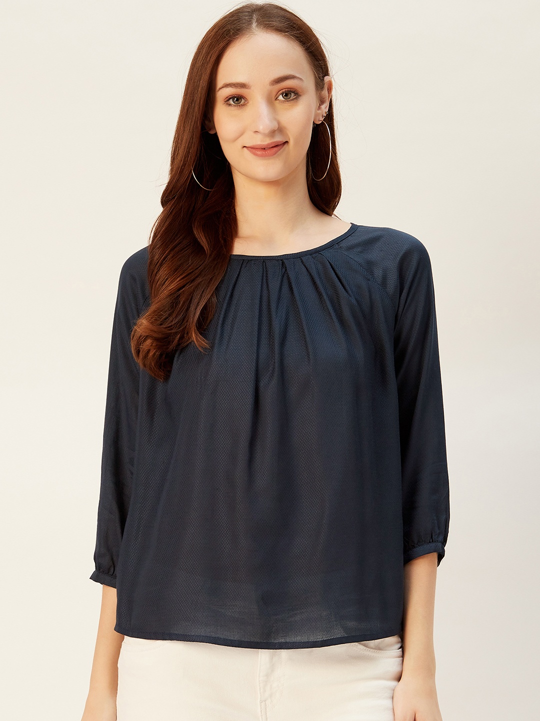 

Sera Women Navy Blue Solid Front Pleat Top