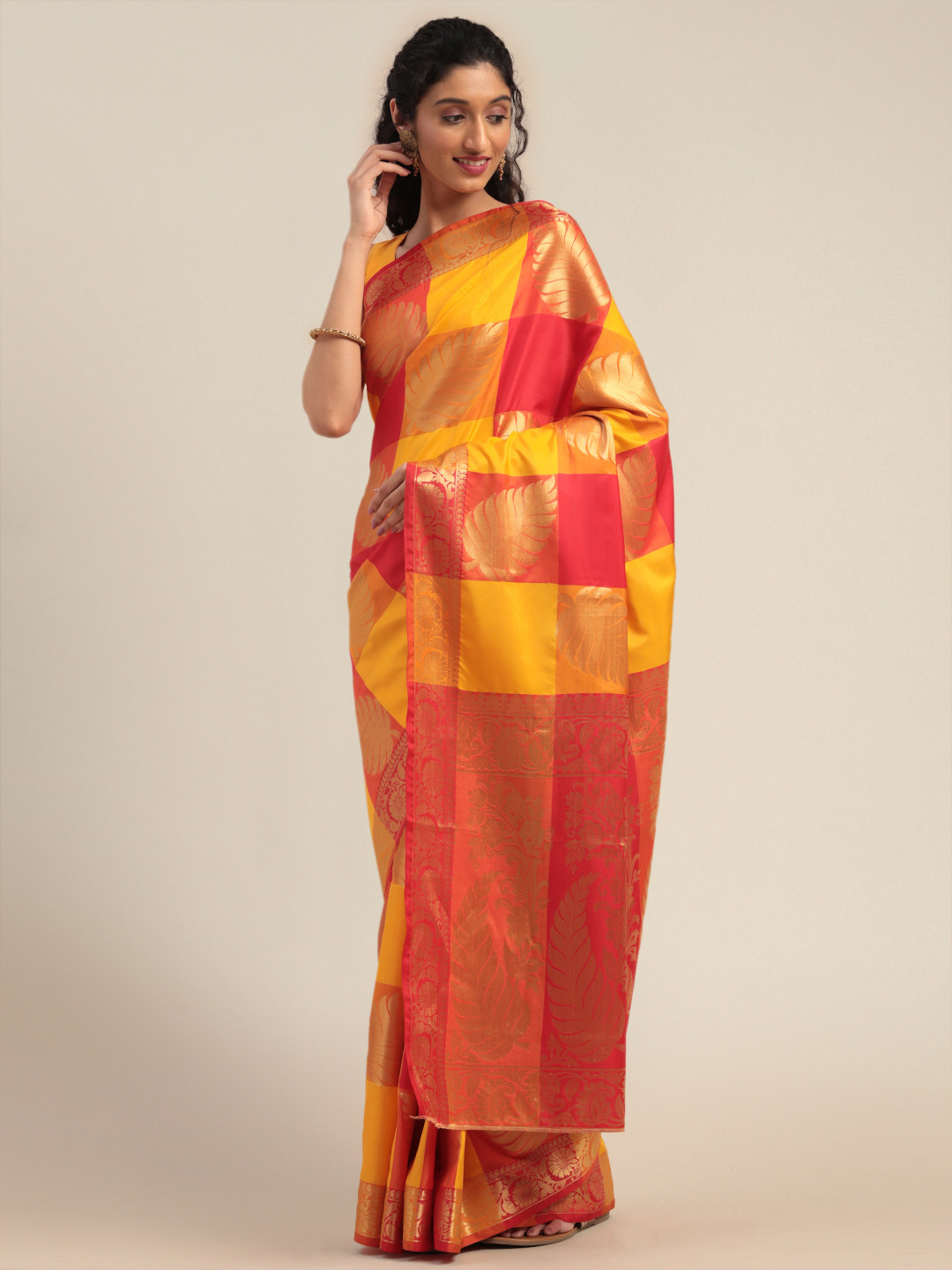 

Mitera Yellow & Red Silk Blend Checked Kanjeevaram Saree