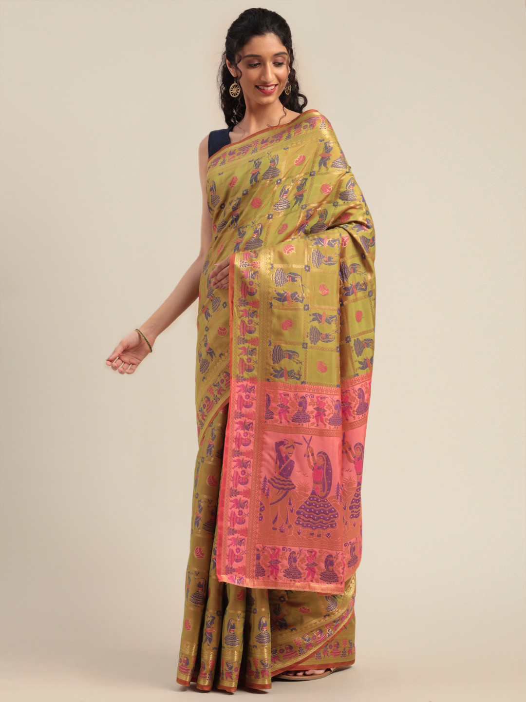 

Mitera Lime Green & Blue Silk Blend Woven Design Kanjeevaram Saree