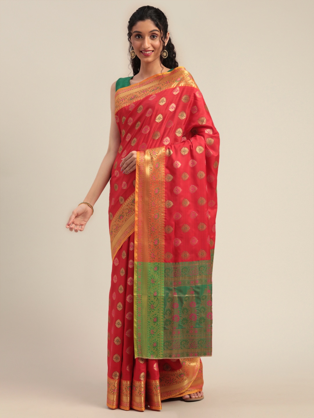 

Mitera Red & Green Silk Blend Woven Design Kanjeevaram Saree