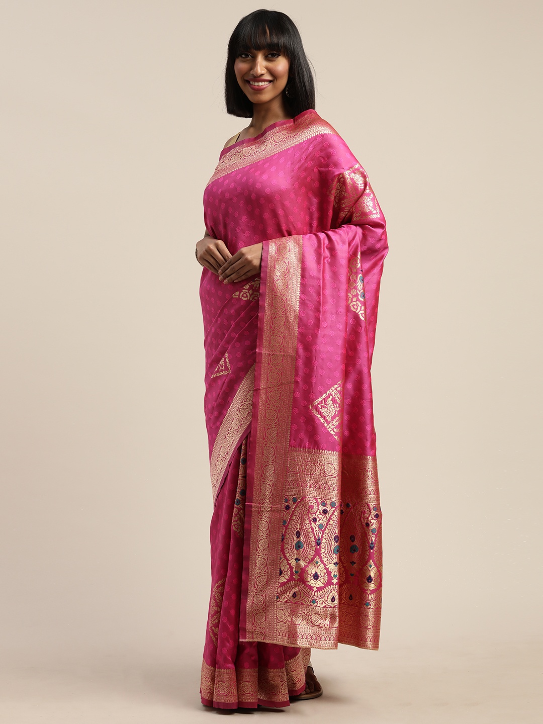 

Mitera Pink Silk Blend Woven Design Paithani Saree