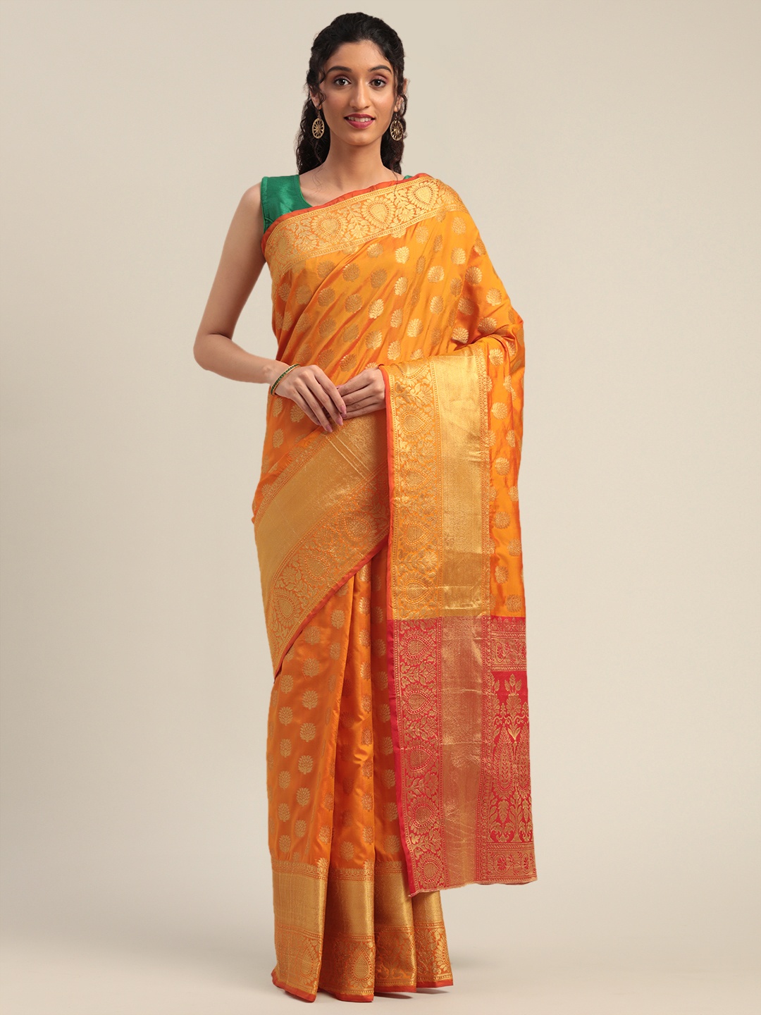 

Mitera Mustard Yellow & Gold-Toned Silk Blend Woven Design Banarasi Saree