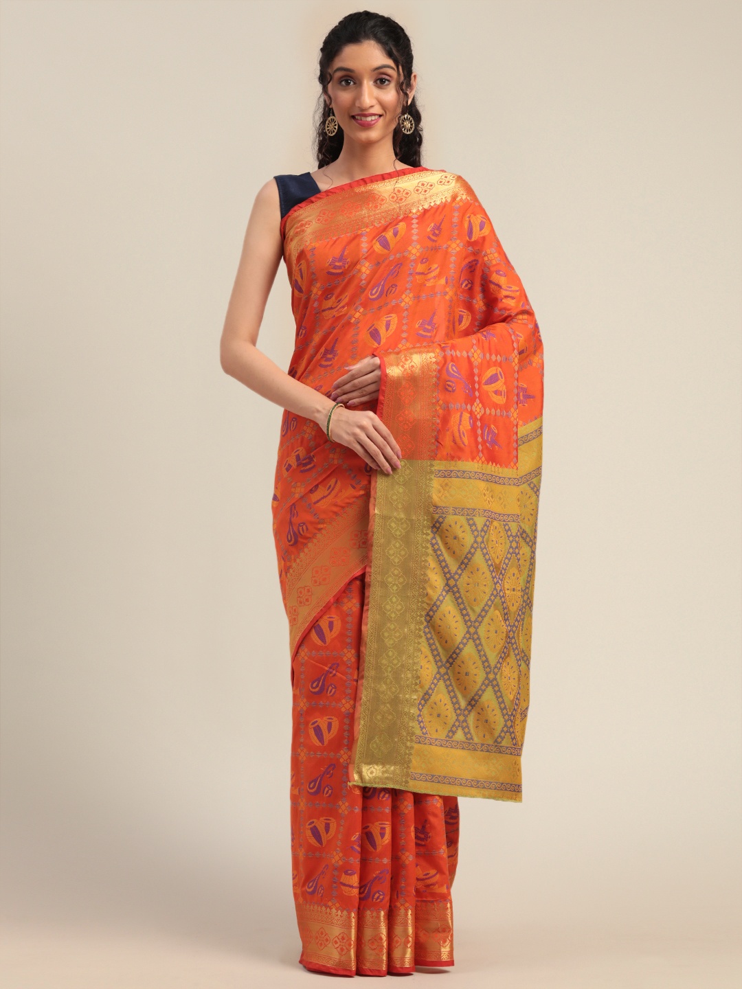 

Mitera Orange & Violet Silk Blend Woven Design Patola Saree