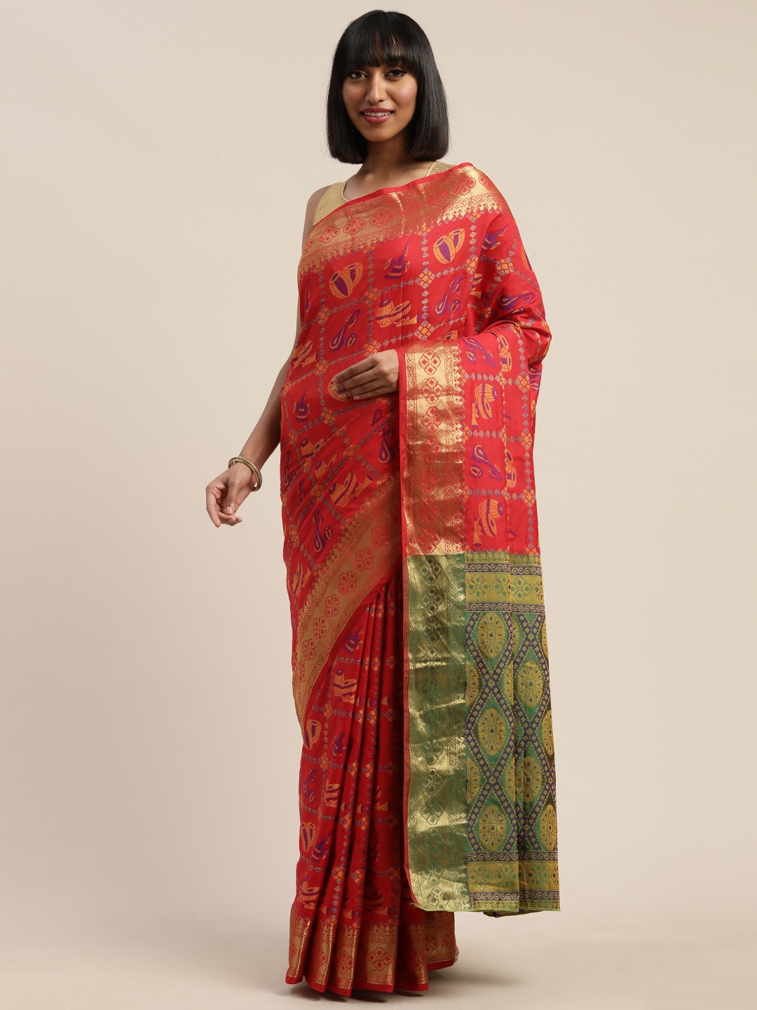 

Mitera Red & Beige Silk Blend Woven Design Patola Saree