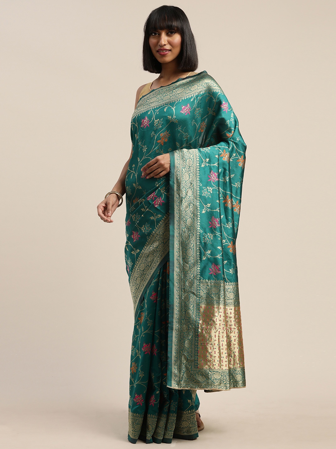 

Mitera Green & Gold-Toned Silk Blend Woven Design Banarasi Saree