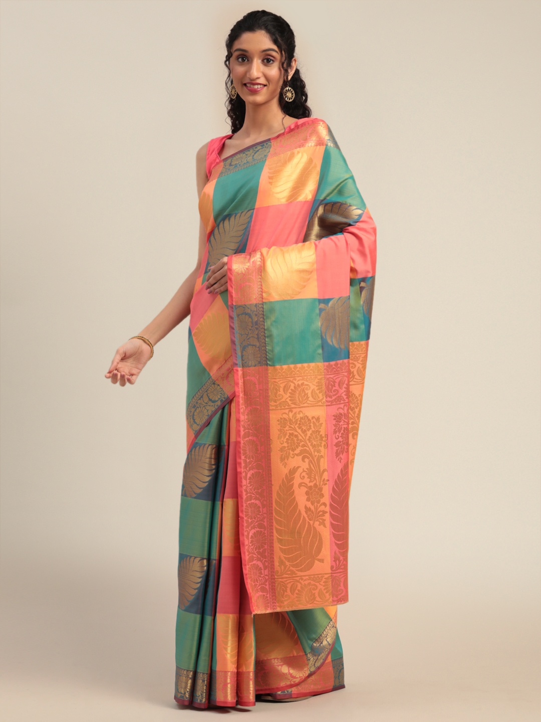 

Mitera Sea Green & Orange Silk Blend Checked Kanjeevaram Saree