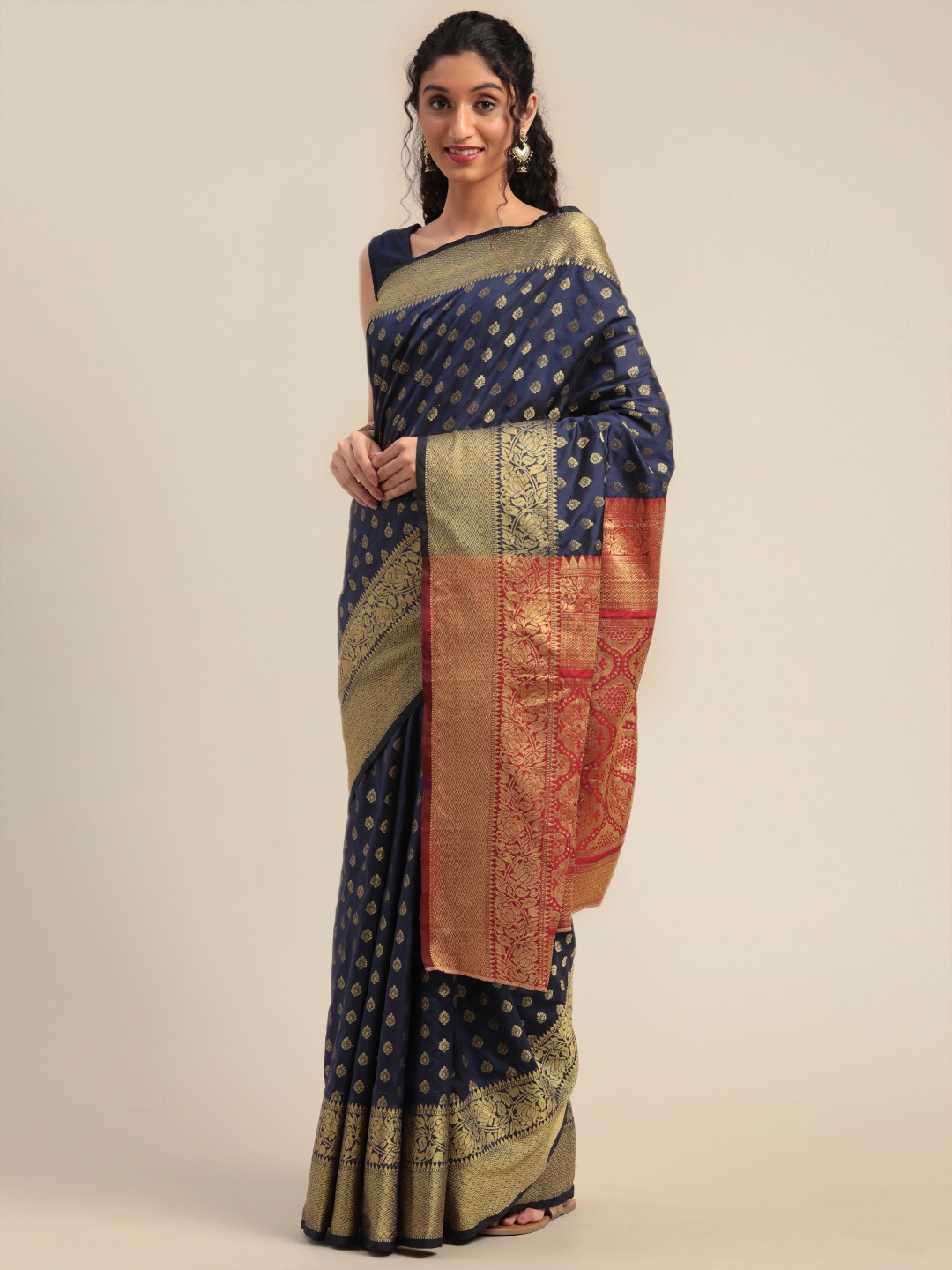 

Mitera Navy Blue & Golden Silk Blend Woven Design Banarasi Saree