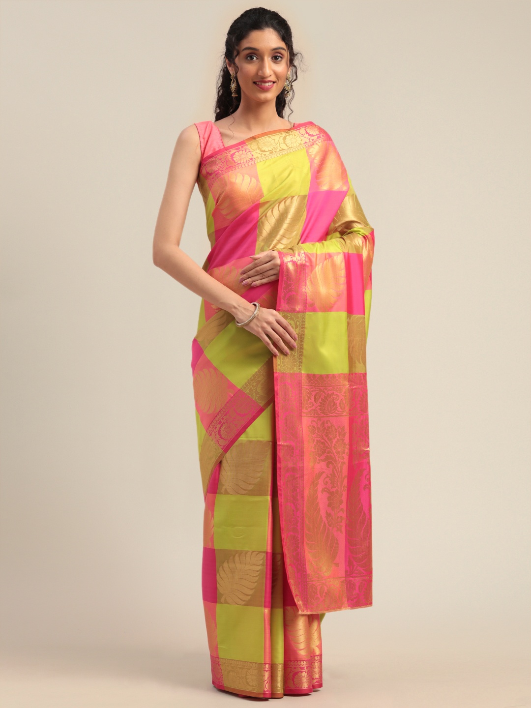 

Mitera Pink & Lime Green Silk Blend Woven Design Kanjeevaram Saree