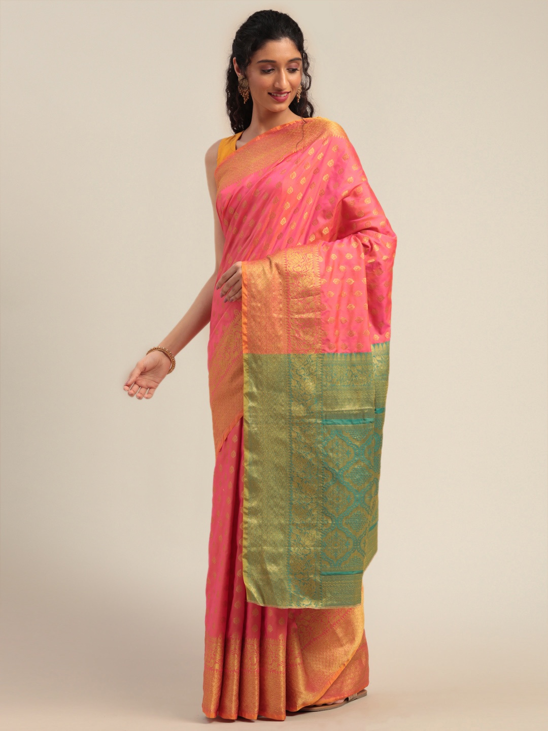

Mitera Pink & Green Silk Blend Woven Design Banarasi Saree
