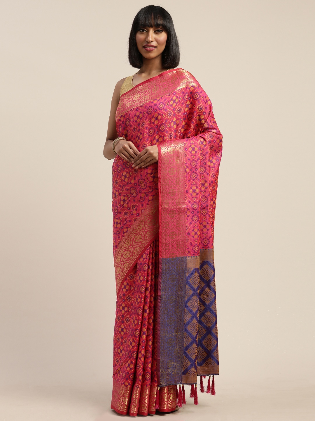 

Mitera Pink & Beige Silk Blend Woven Design Banarasi Saree