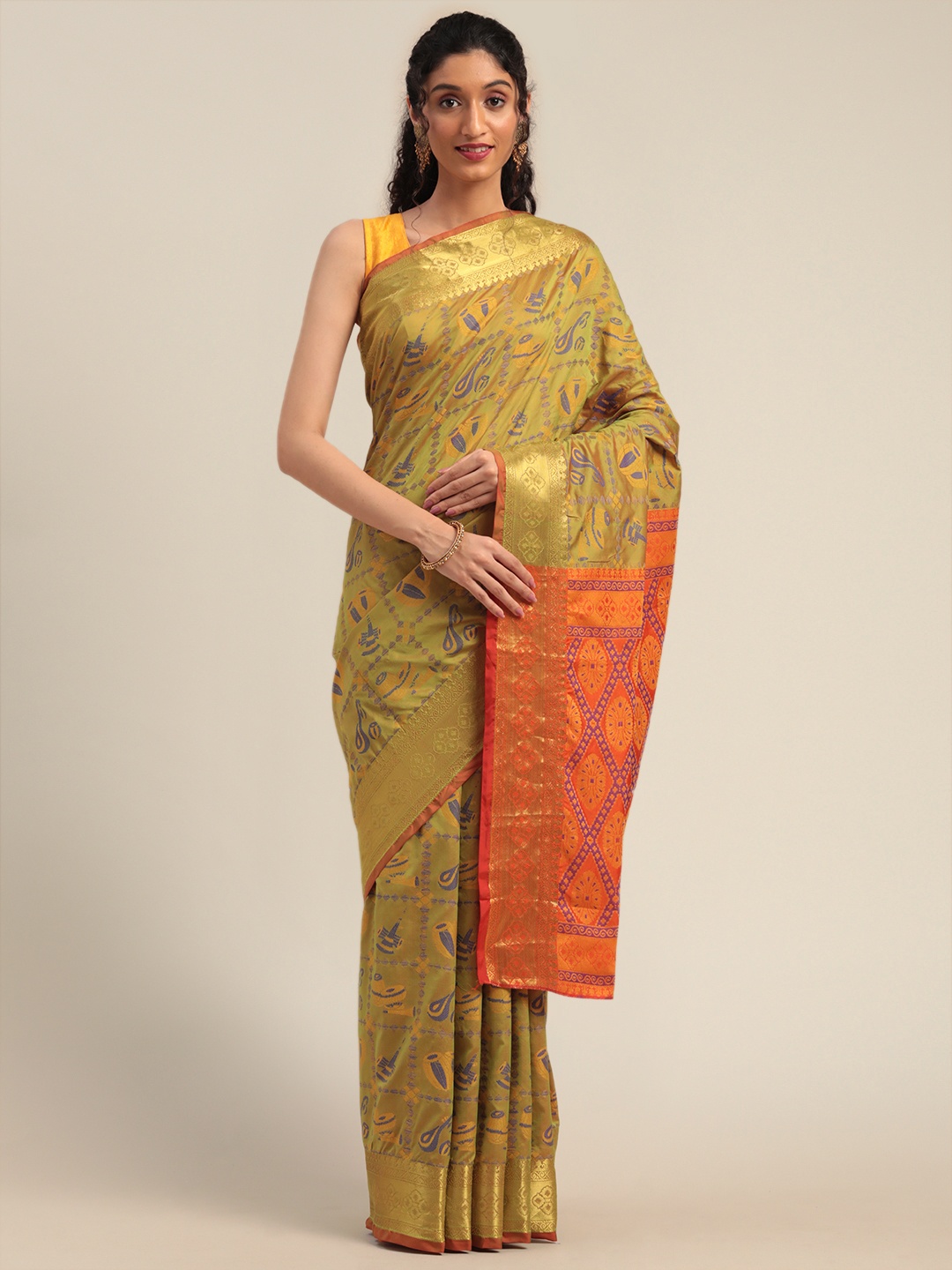 

Mitera Green & Orange Silk Blend Woven Design Patola Saree