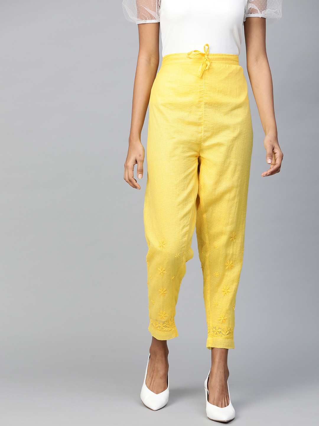 

ADA Women Yellow Chikankari Hand Embroidered Straight Sustainable Kota Palazzos