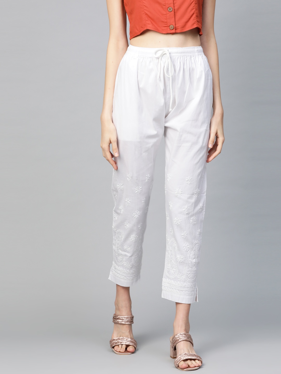 

ADA Women White Embroidered Straight Palazzos