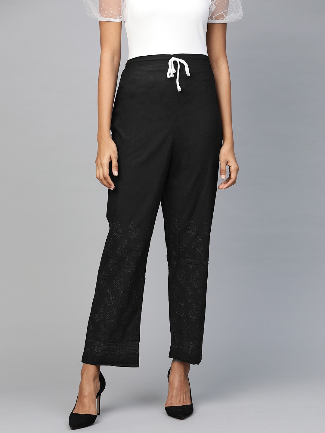 

ADA Women Black Embroidered Straight Sustainable Handloom Palazzos