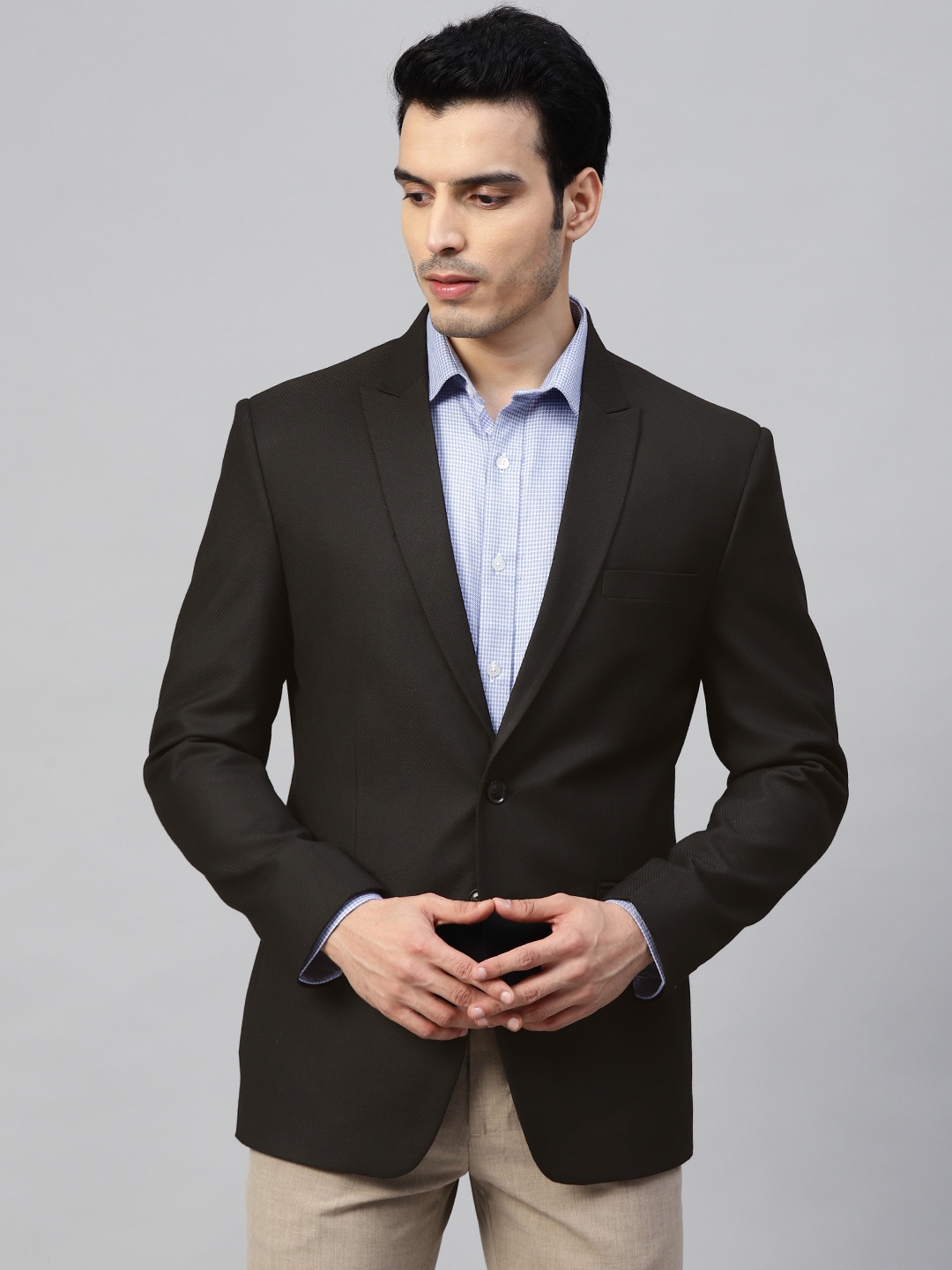

MANQ Men Black Twill Weave Self-Design Slim Fit Single-Breasted Formal Blazer