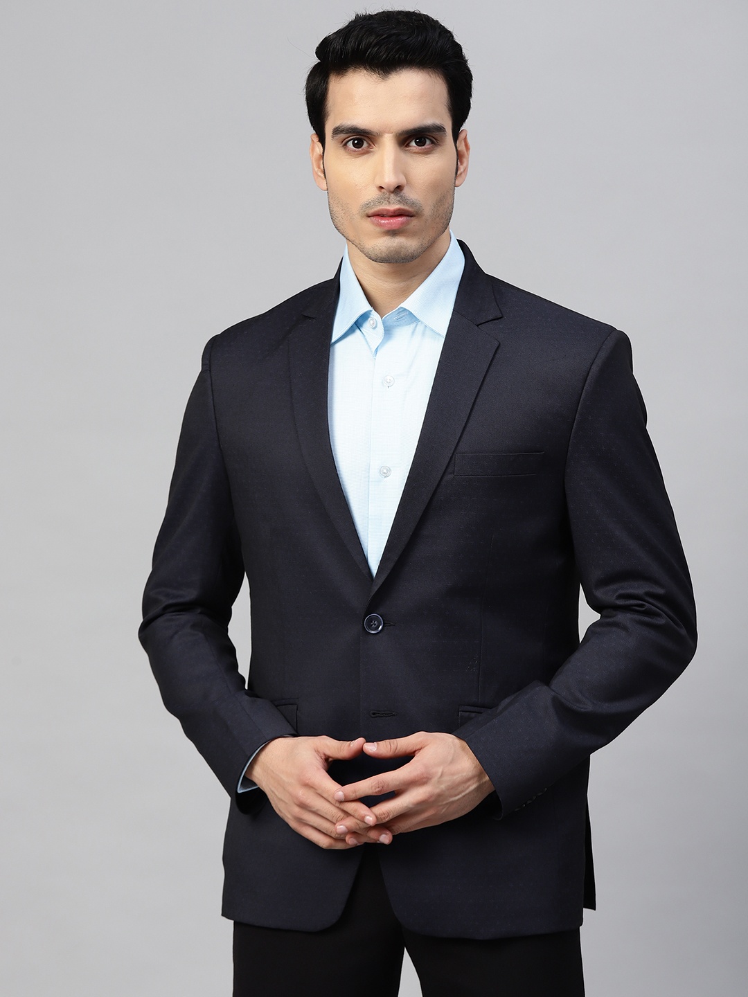 

MANQ Men Navy Blue Self Design Slim Fit Single-Breasted Formal Blazer