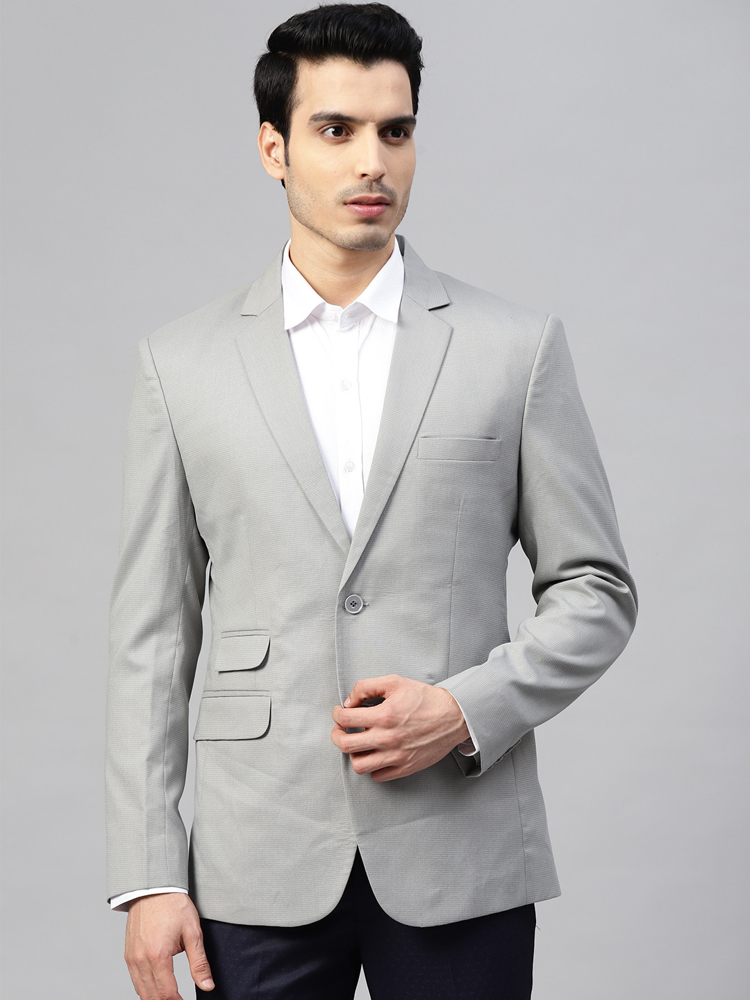 

MANQ Men Grey Self-Design Slim-Fit Single-Breasted Blazer