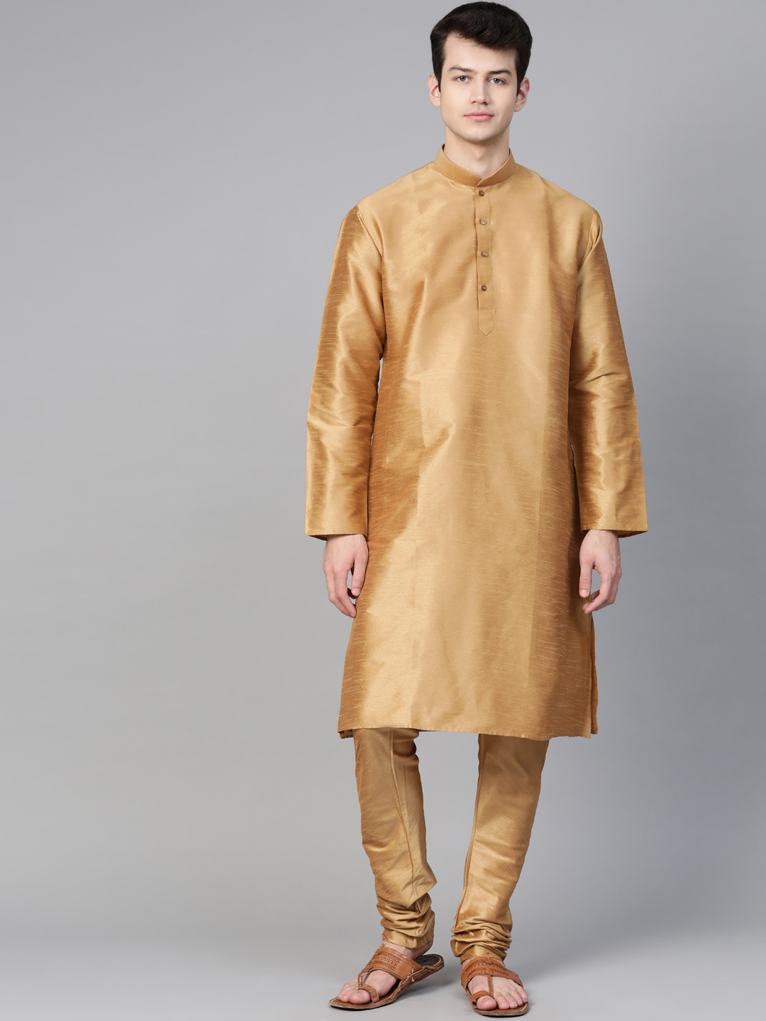 

MANQ Men Golden Solid Kurta with Churidar, Gold