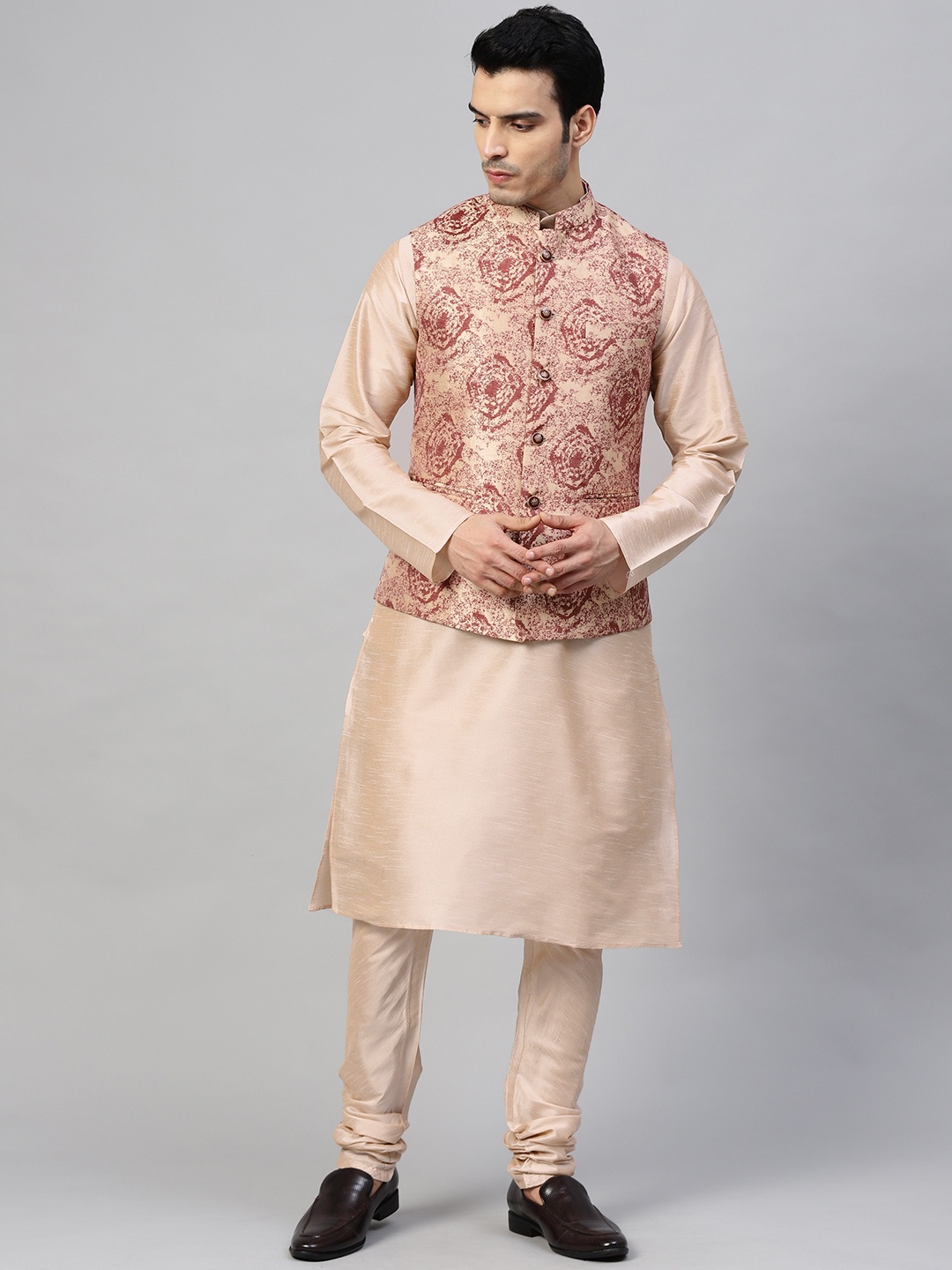 

MANQ Men Peach-Coloured & Pink Solid Kurta with Churidar