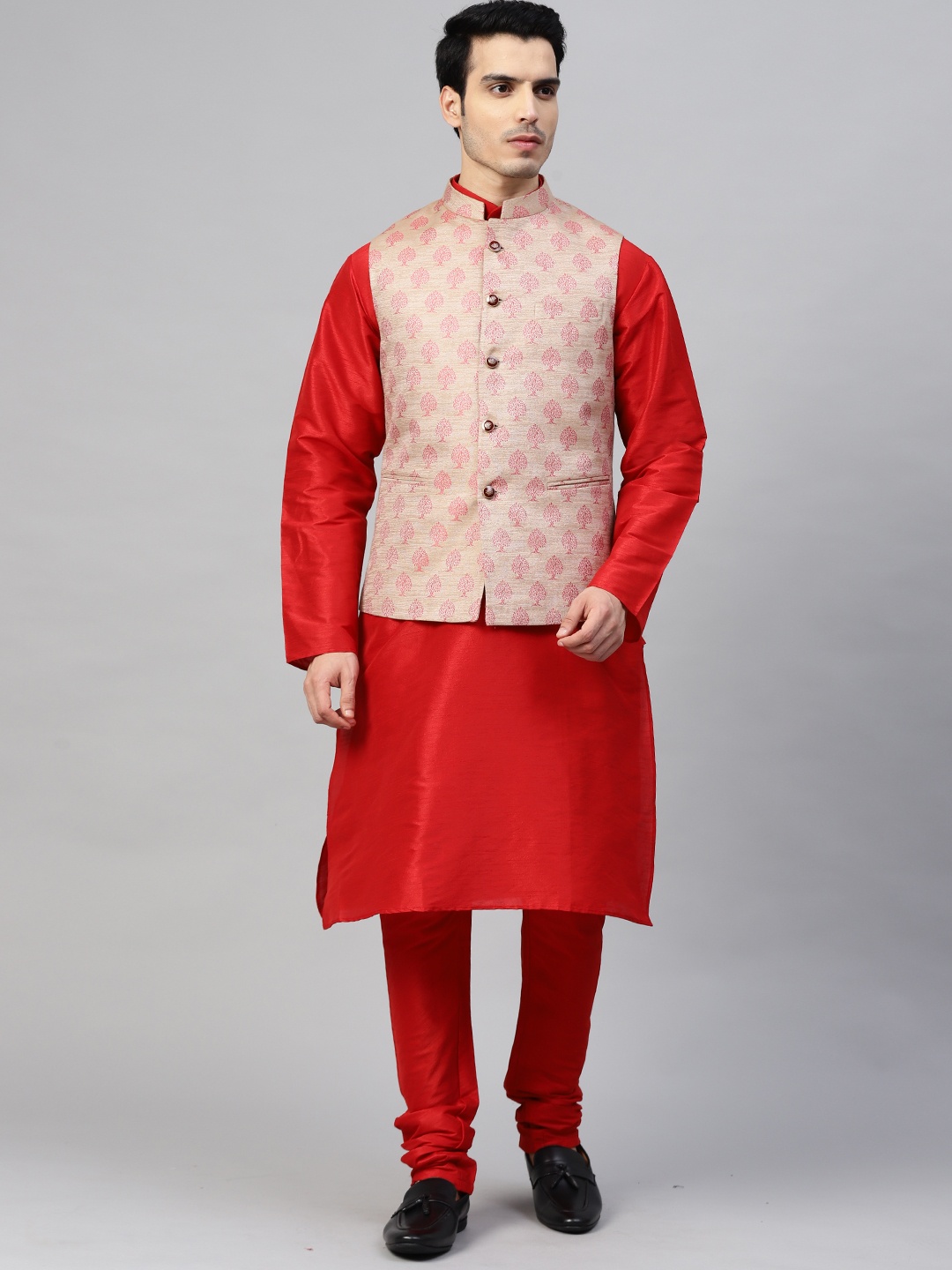 

MANQ Men Red & Beige Woven Design Kurta & Churidar with Nehru Jacket