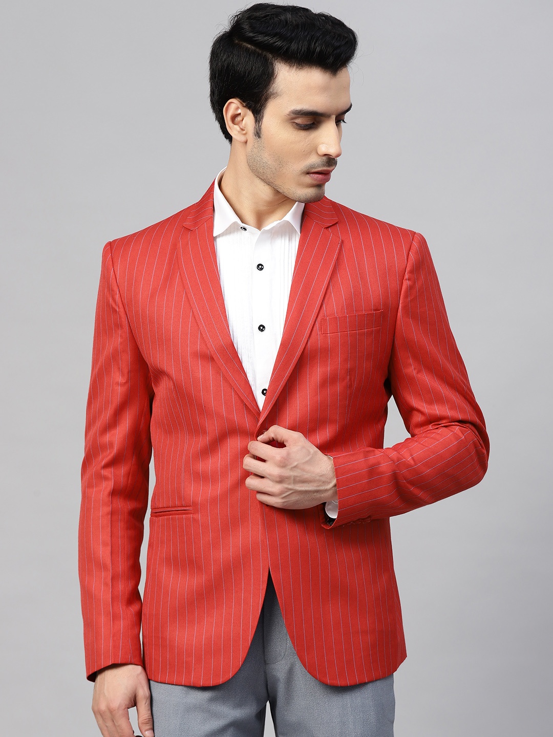 

MANQ Men Red & Blue Twill Weave Striped Single-Breasted Casual Slim Fit Blazer