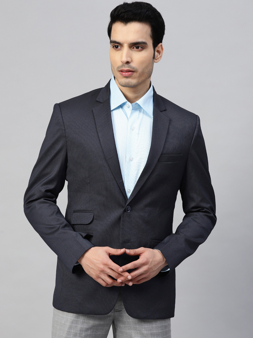 

MANQ Men Navy Blue Self-Striped Slim Fit Single-Breasted Formal Blazer