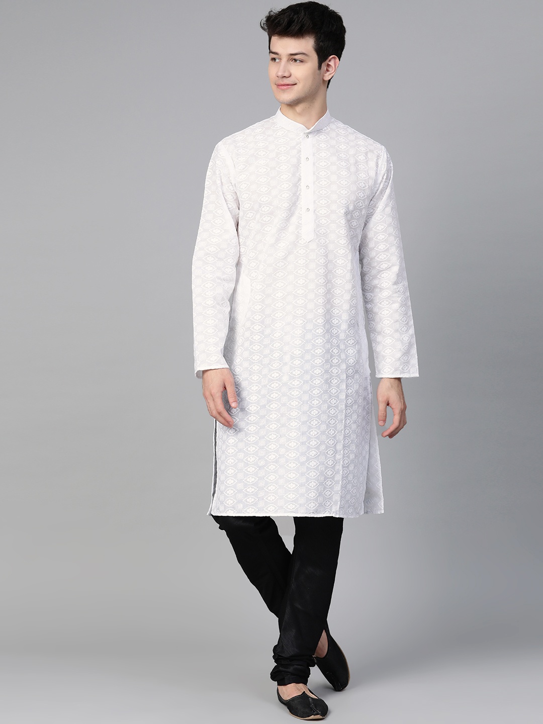 

MANQ Men White Chikankari Embroidered Straight Kurta