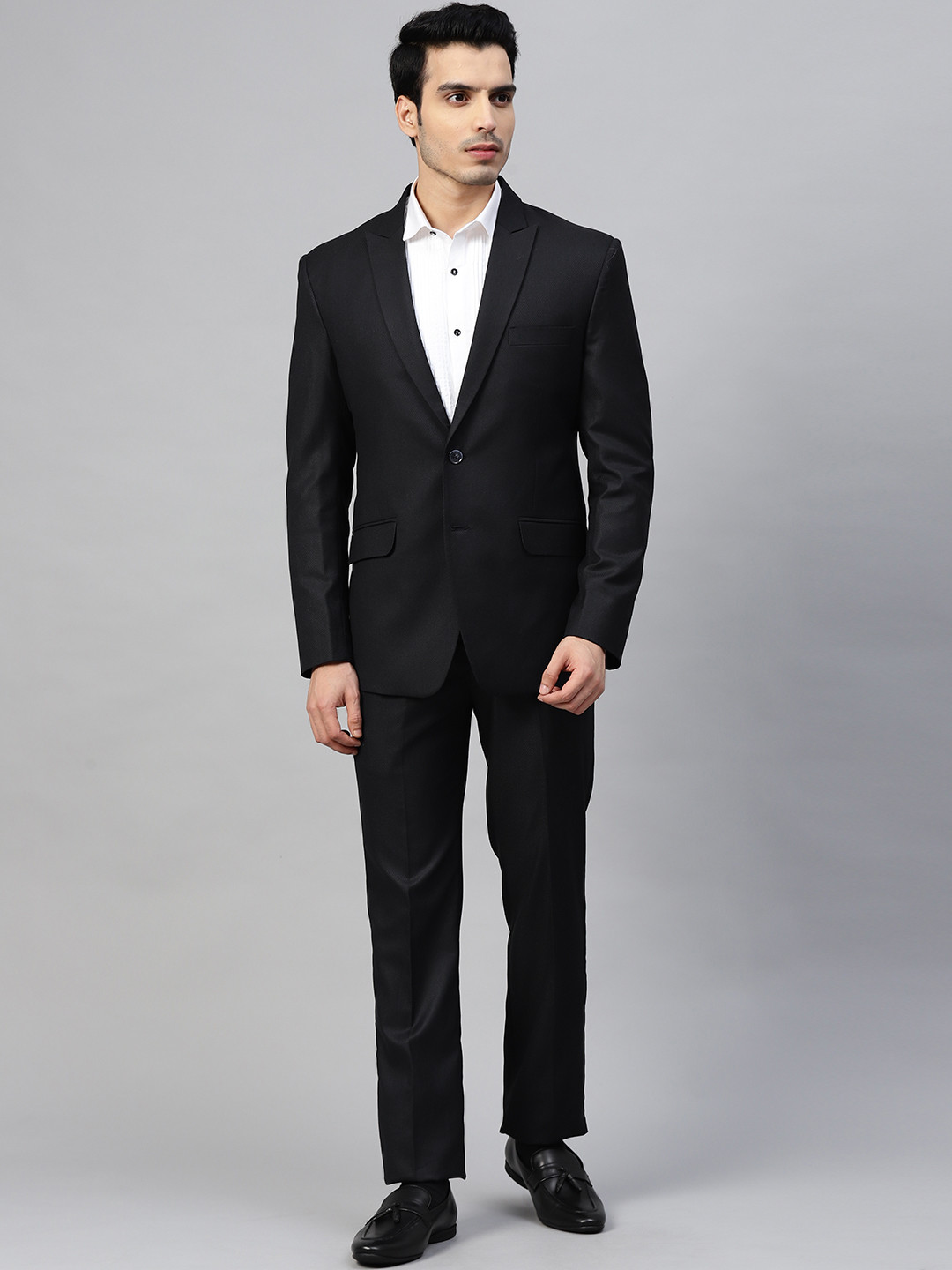 

MANQ Men Navy Blue & Black Self-Design Slim Fit Single-Breasted Suit