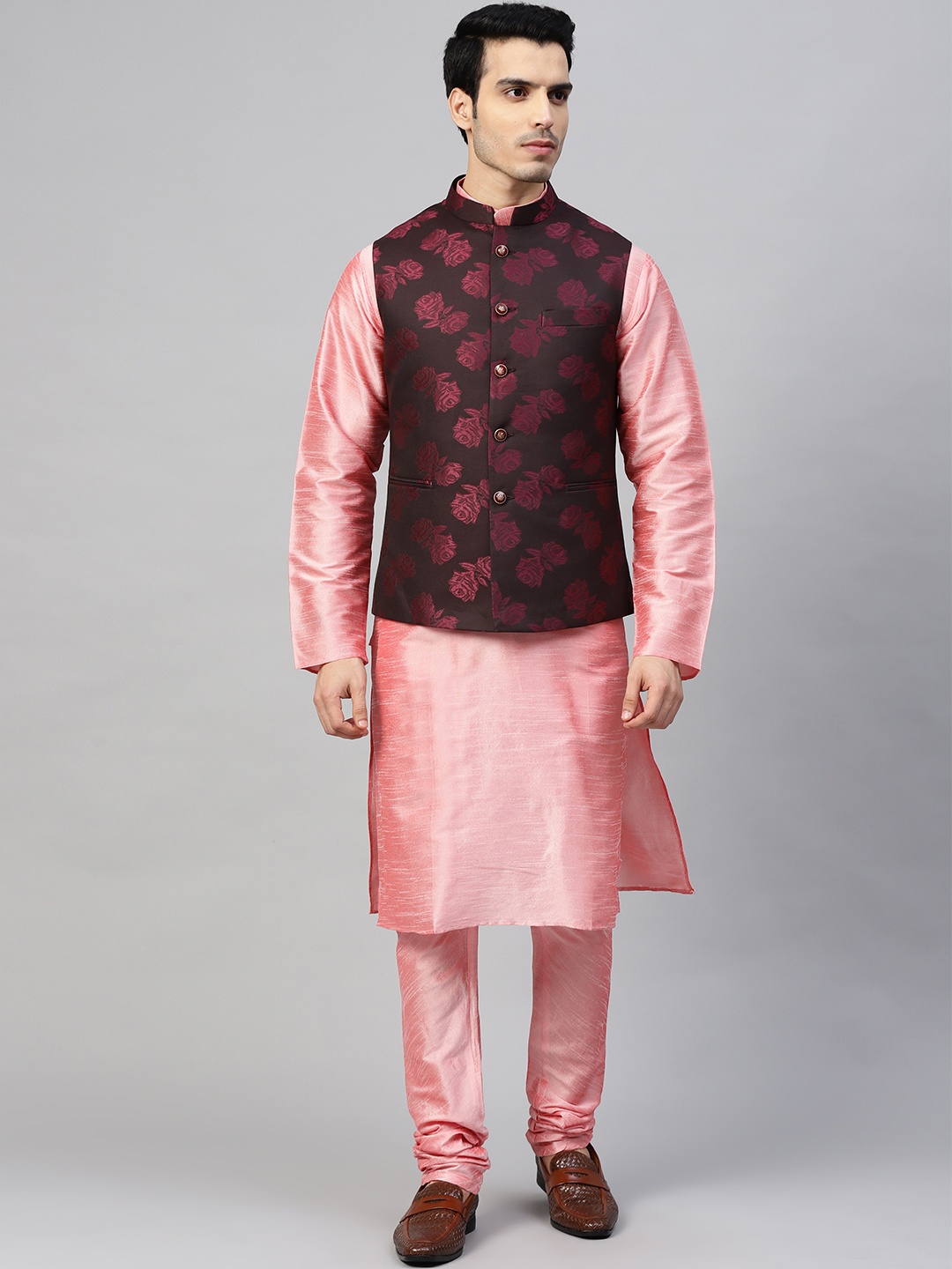 

MANQ Men Coral Pink & Burgundy Woven Design Kurta & Churidar with Nehru Jacket