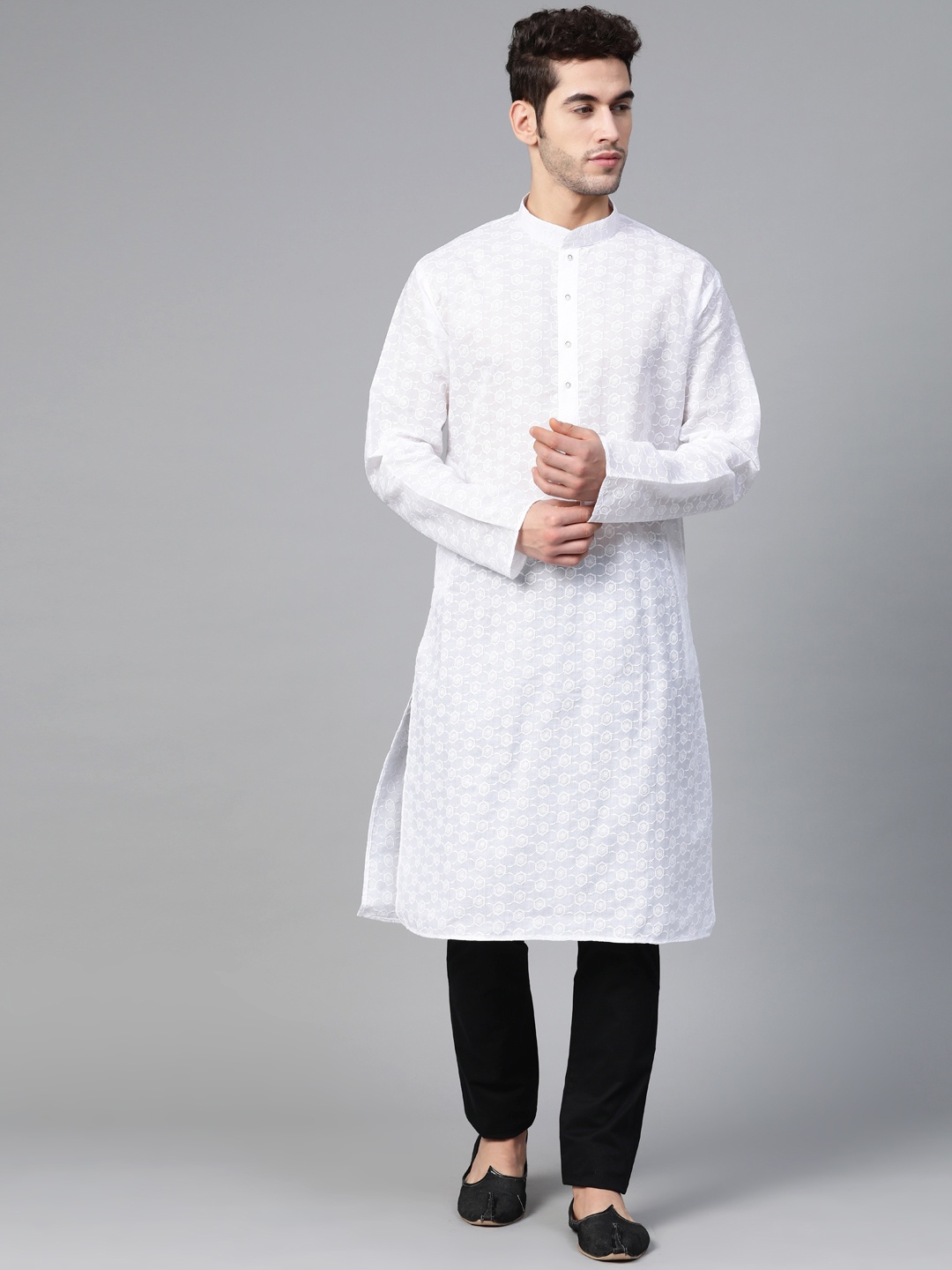 

MANQ Men White Ethnic Chikankari Embroidered Straight Kurta