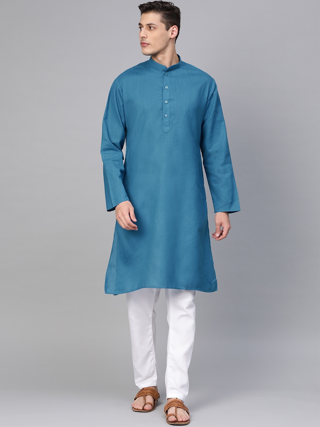 

MANQ Men Blue & White Solid Kurta with Pyjamas