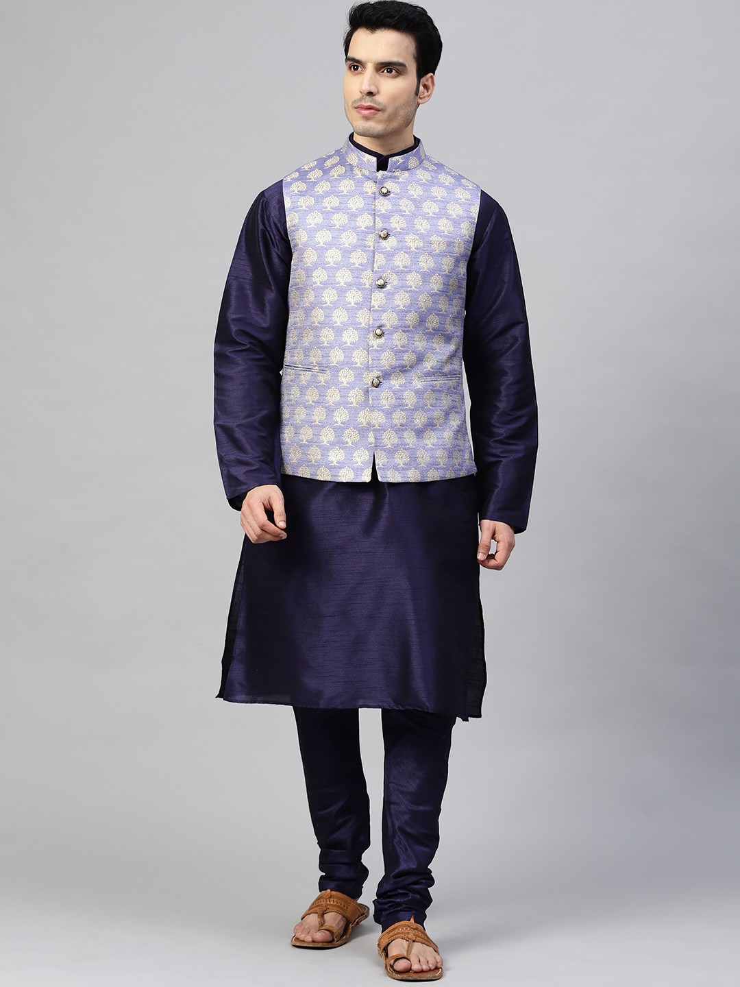 

MANQ Men Navy Blue & Beige Solid Kurta with Churidar